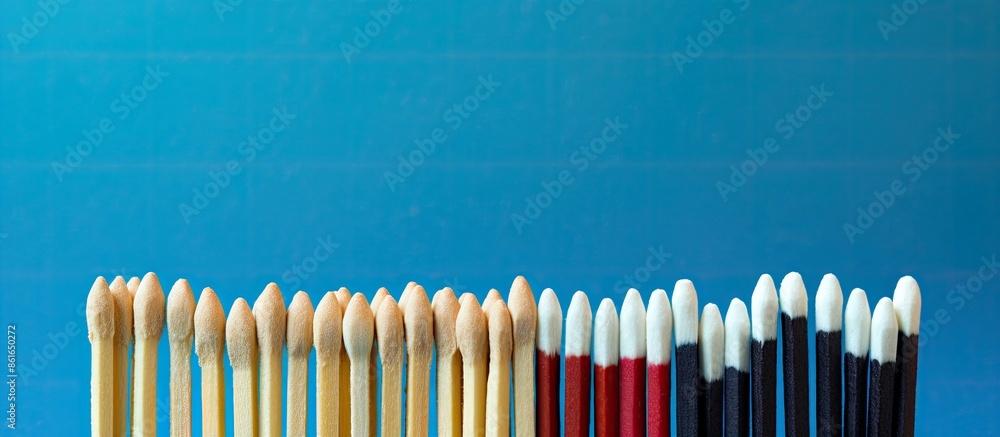 Aufkleber close-up view of various new matchsticks on a blue background with copy space image.