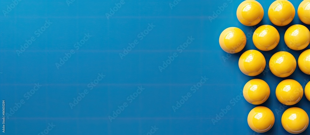 Poster Unique yellow lightbulb stands out among blue bulbs with circle shape on blue background in minimal concept. Top view flat lay with copy space image.