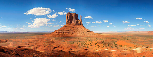 A surreal sandstone butte, rising from the desert floor like a giant's thumb, surrounded by vast stretches of barren wilderness