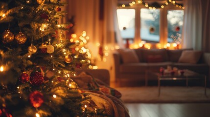 A warmly lit living room presenting a beautifully decorated Christmas tree with glowing lights and ornaments, evoking a festive and intimate holiday setting.