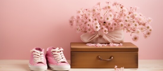 A wooden box holds a pile of pink baby girl clothes, white sneakers. Toddler's attire on a white background with a copy space image, adorned with pink flowers.