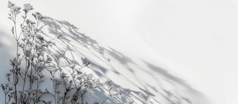 Abstract nature concept background on a white wall, featuring gray flower shadows and delicate grass, with copy space image available.