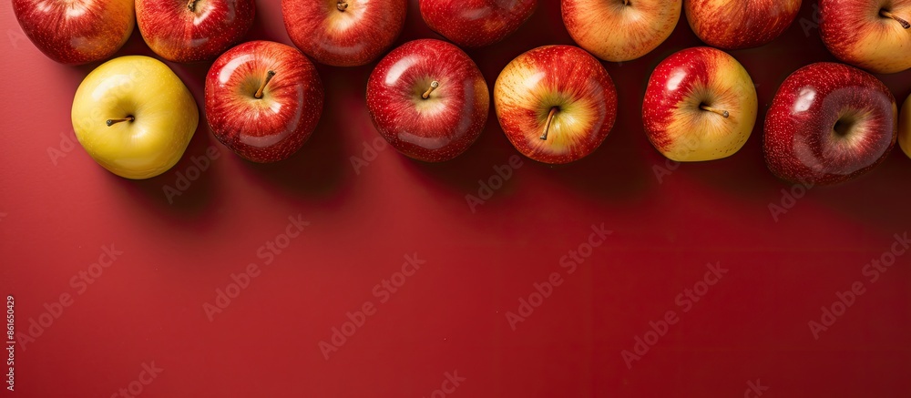 Aufkleber top view of various red apples arranged on a colorful backdrop, featuring a fresh apple with room fo