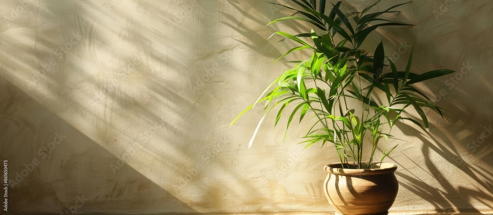 Poster potted bamboo plant in room, closeup. with copy space image. place for adding text or design
