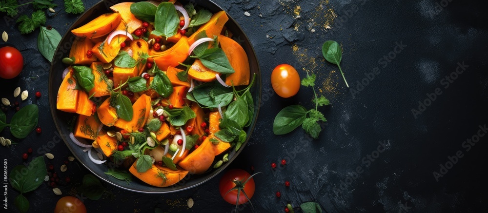 Poster Top-down copy space image of a salad made with pumpkin and basil ingredients on a grey background, ready to be cooked.