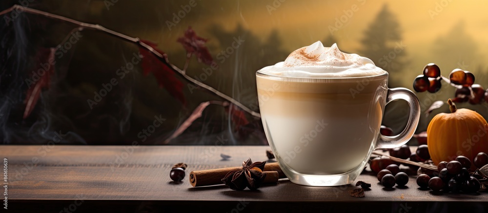 Aufkleber Steaming latte or frothy cappuccino in a glass mug on a rustic wooden table accompanied by date fruits, offering a perfect copy space image.