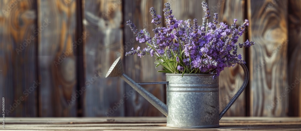 Aufkleber a watering can filled with lavender flowers displayed on a wooden surface, providing ample space for