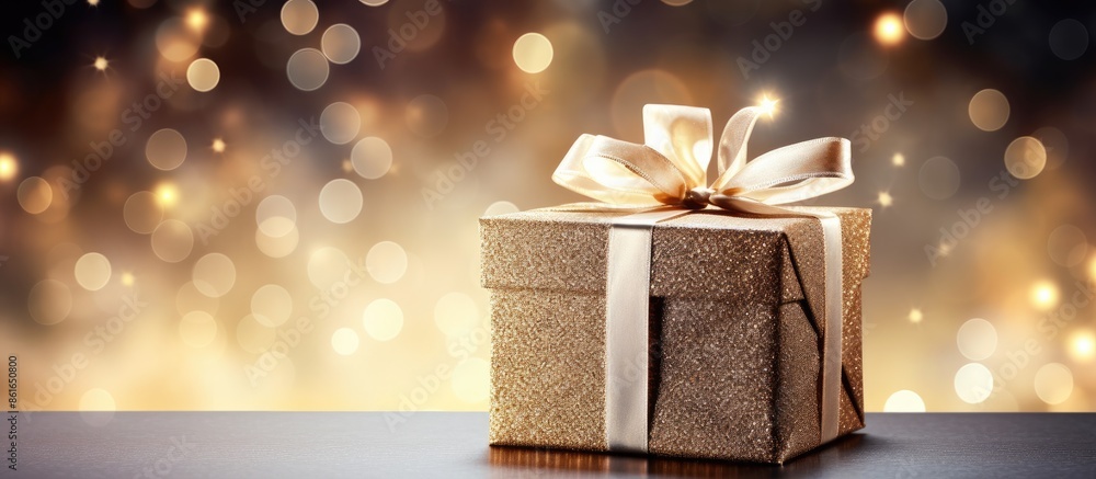Aufkleber holiday greeting card featuring a christmas gift box set against a bokeh background with a spacious 