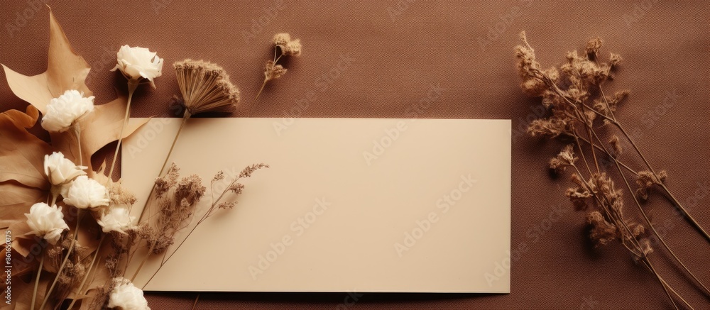 Poster Minimalistic flat lay composition featuring blank greeting cards with dry flowers on a brown backdrop, emphasizing the mockup copy space image on the paper sheets.