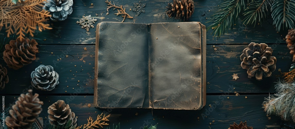 Aufkleber A wooden table adorned with Christmas decor frames a top view image of an open notebook with dark paper. with copy space image. Place for adding text or design
