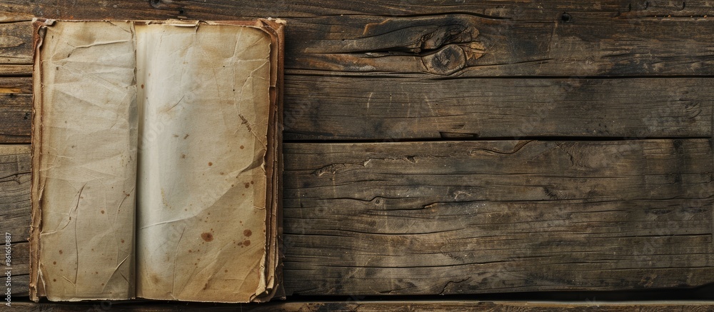 Poster Vintage style book with open pages displayed on a wooden surface, seen from a top-down perspective, providing ample copy space image.