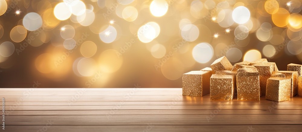 Aufkleber Abstract golden bokeh backdrop with a white textured wooden surface providing ample copy space image for text placement.