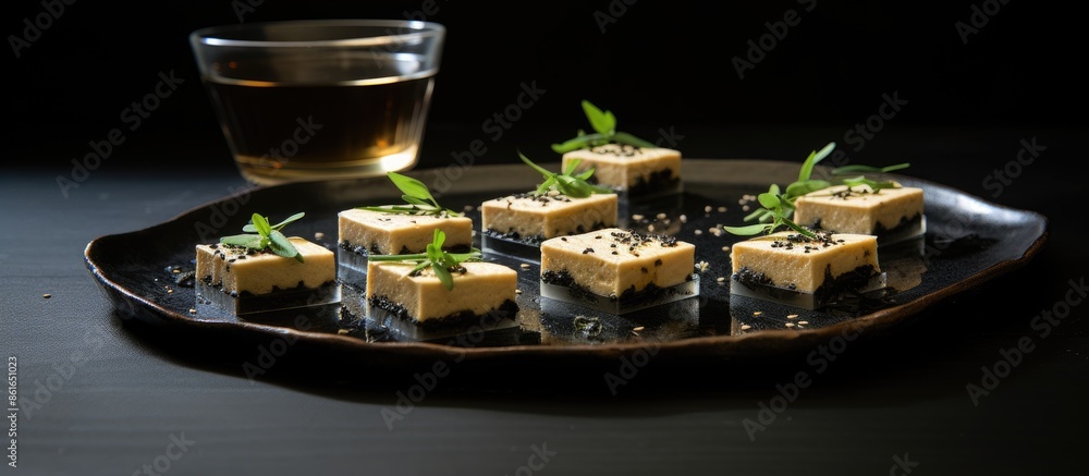 Aufkleber black sesame tofu displayed on glass plates with copy space image available.