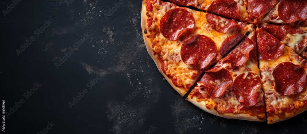 Poster An aerial view of a pepperoni pizza with a missing slice, captured from above on a dark textured surface with a designated area for text in the image. with copy space image