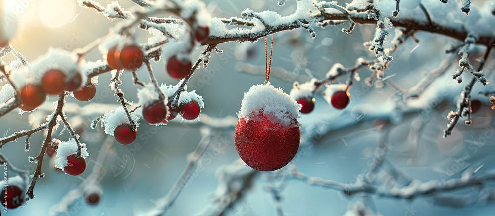 Poster a red new year ball hangs on a snow-covered branch among christmas toys, creating a festive composit