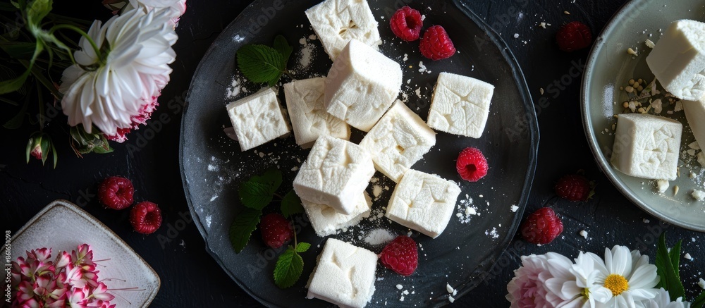Poster Homemade healthy and organic zephyr or marshmallows displayed on a dark table adorned with flowers, raspberries, and designed as a template for a food blog social media post with copy space image.