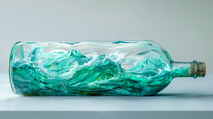 Surreal depiction of a turbulent ocean captured within a glass bottle. The dynamic waves and intricate details create a visually striking and imaginative scene.
