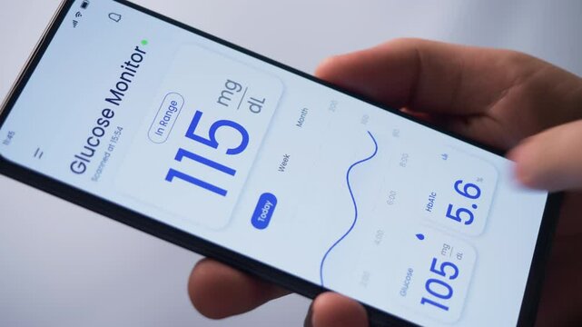 Monitoring glucose level with a smartphone app and a remote sensor. Continuous monitoring of glucose technology in diabetes treatment. Fictional Interface.