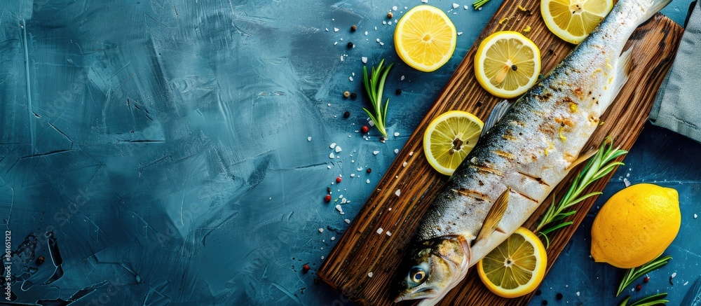 Wall mural raw pike with lemon slices presented on wooden board, placed on blue boards with copy space image. - Wall murals