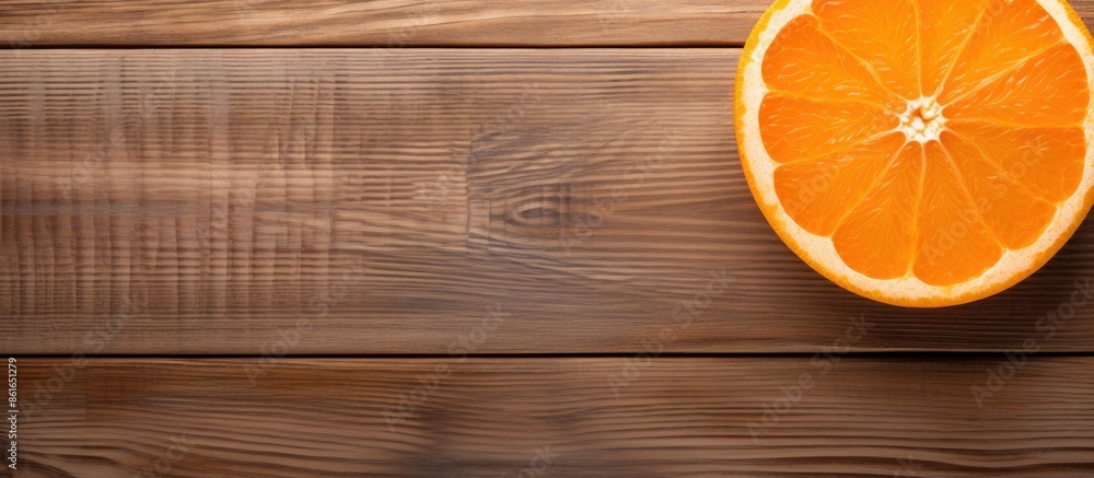 Poster half a cut orange fruit on a wooden surface with a top view flat lay style featuring a copy space im