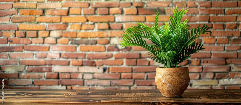 Aufkleber artificial green plant in a pot decorated in a room with background of brick wall. with copy space image. Place for adding text or design