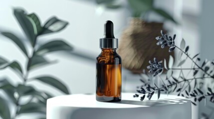 Amber Dropper Bottle with Botanical Background