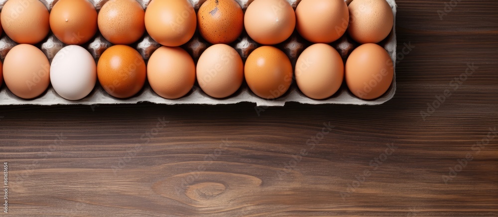 Poster overhead view of organic farm eggs in a cardboard box and raw scrambled eggs on a gray wooden table,