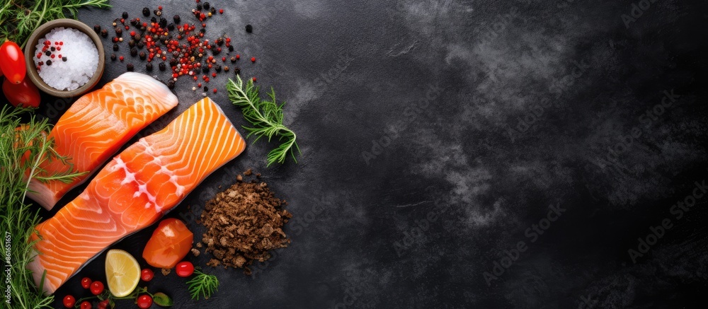 Poster top view of uncooked salmon fillet on black stone table with ingredients for cooking, creating a per