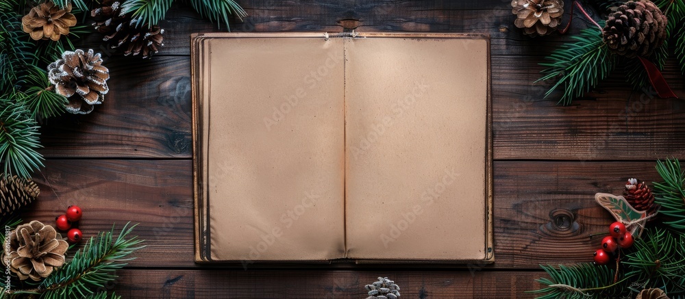 Poster A wooden table adorned with Christmas decor frames a top view image of an open notebook with dark paper. with copy space image. Place for adding text or design