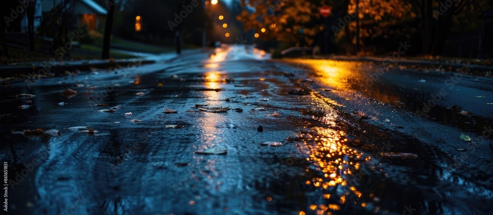 Poster Wet asphalt fills the background of a dimly lit empty street with a vast expanse of copy space image.