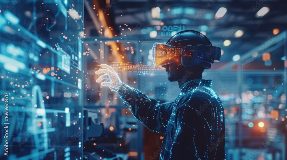 Poster in a bustling factory workers use ar headsets to receive realtime instructions and alerts from the 5