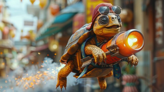 Shocked expression turtle, riding rocket in street city, wearing trendy outfit, sunglasses and hat, fast motion, 3d photo