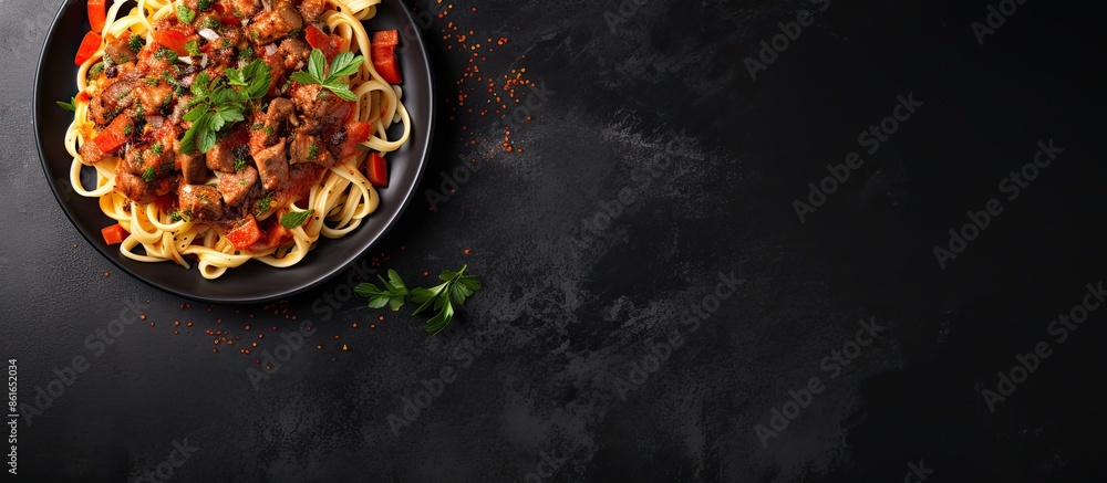 Poster Top view of a black bowl filled with fettuccine pasta and beef ragout sauce on a grey background with ample copy space image.