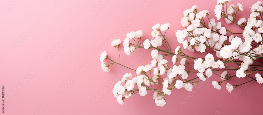 Poster pink background with white gypsophila flowers creating a delicate and elegant look, ideal for a copy