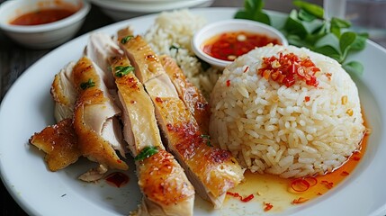 Delicious Hainanese chicken rice with fried chicken, served with garlic rice and chili sauce
