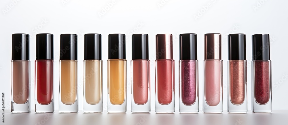 Poster Various lip glosses displayed with a white background for copy space image.