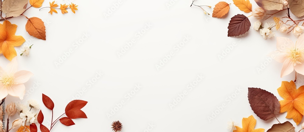 Aufkleber A fall-themed arrangement with blank paper, dried leaves, and flowers on a soft beige backdrop, symbolizing autumn; top-down view with space for text or image integration. with copy space image