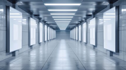 Fototapeta premium Blank vertical billboards in a contemporary underground space, dramatic lights, urban environment