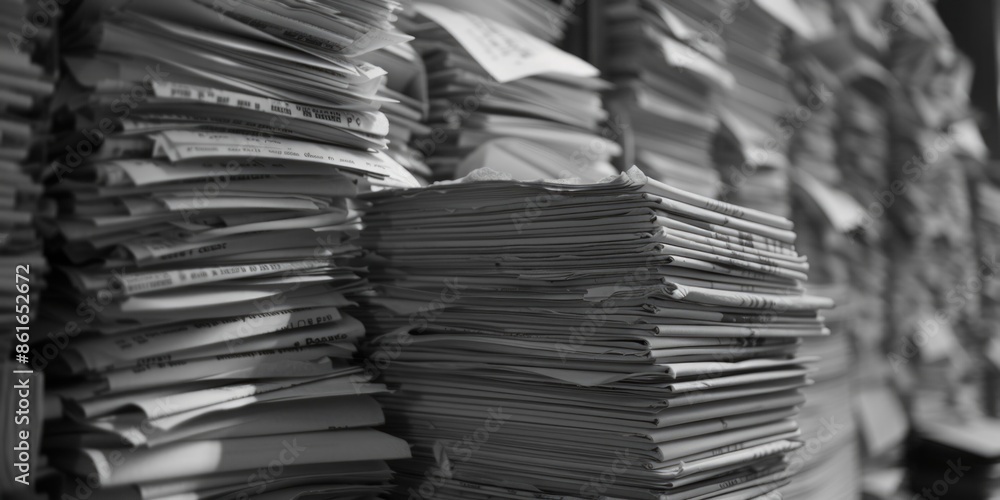 Poster a stack of papers piled high, with various documents and files visible