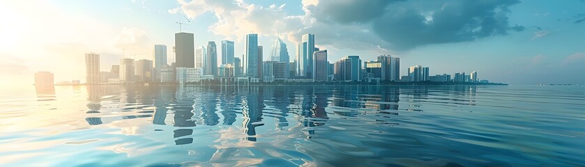 Fototapeta premium Partially Submerged Skyscrapers in Flooded Coastal City Reflecting in Water Climate Change Concept