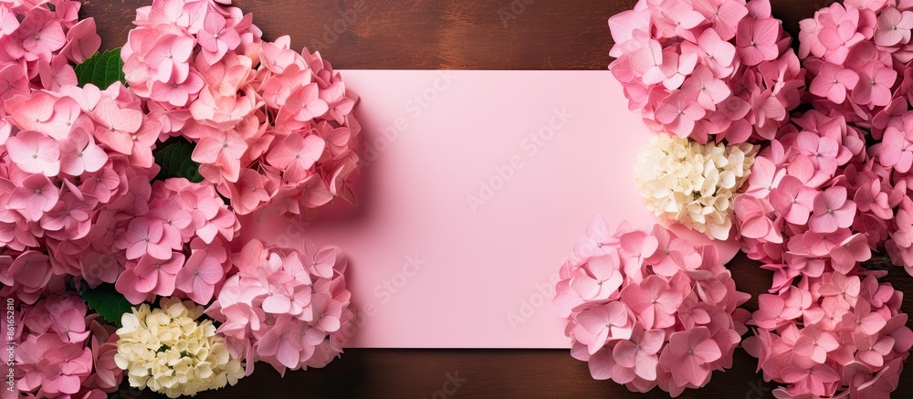 Poster pink paper note surrounded by gorgeous hydrangea flowers with copy space image.