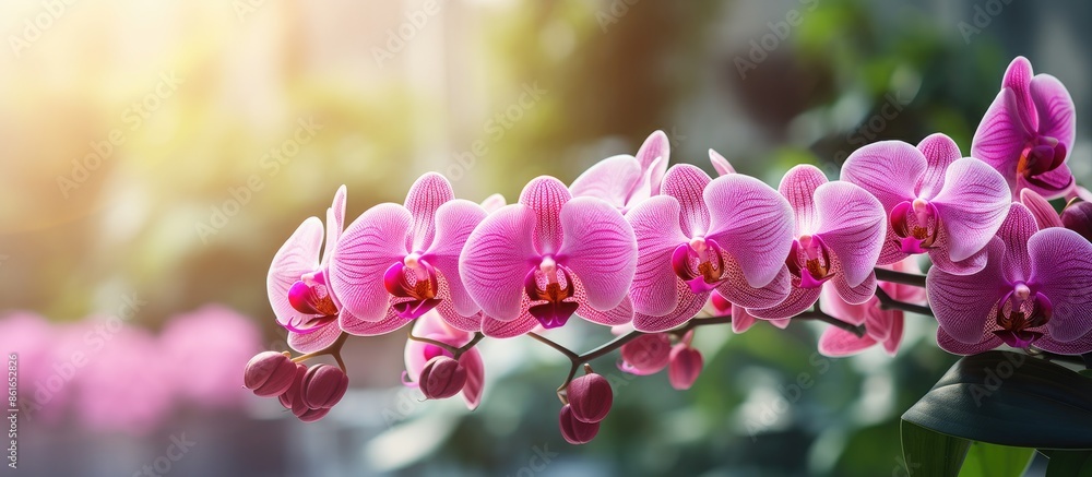 Aufkleber Gorgeous phalaenopsis orchid with pink petals in a garden setting, with empty space for text or graphics in the image. with copy space image. Place for adding text or design