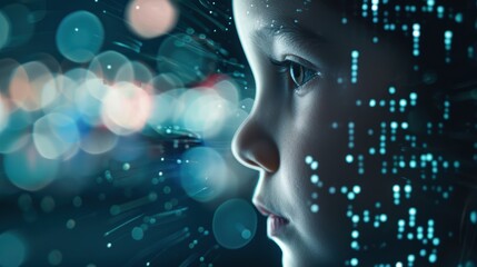 Obraz premium AI-generated baby in digital environment, glowing code, futuristic and surreal