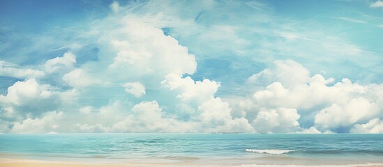 A serene tropical beach scene with a vivid blue sky, fluffy white clouds, and a textured background. Perfect for a summer vacation or travel-related design project, featuring a vintage color scheme