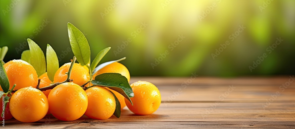 Aufkleber ripe kumquats with leaves displayed on wooden table with copy space image.