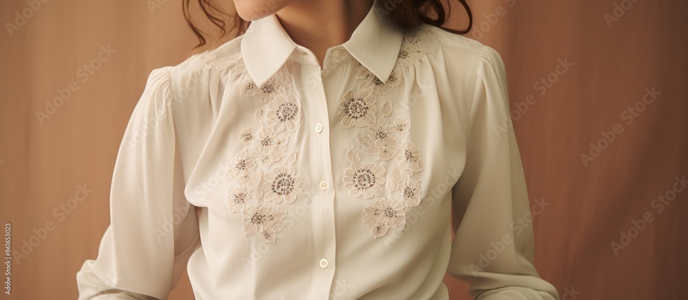 Poster Button-down blouse's intricate details against a textile backdrop in a copy space image.