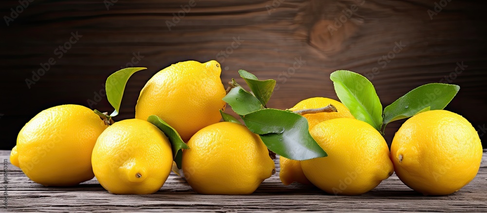 Fototapete lemons stacked on a rustic wooden table with plenty of room for text or other images in the shot, kn