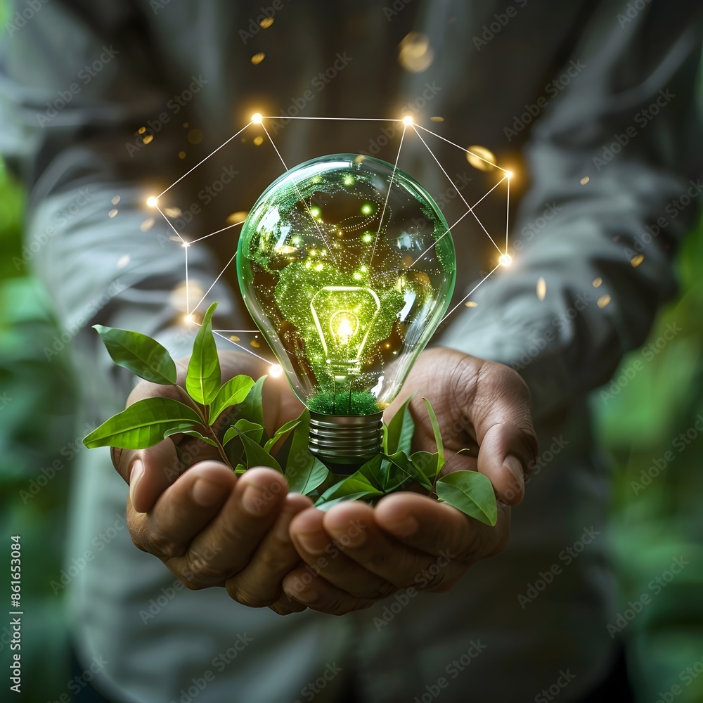 Poster dynamic green technology startup exploring innovative climate solutions with a glowing light bulb re