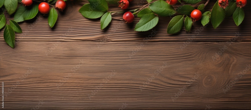 Poster A flat lay setup features ripe rose hip berries and green leaves on a wooden table, creating a harmonious display with ample copy space for text.