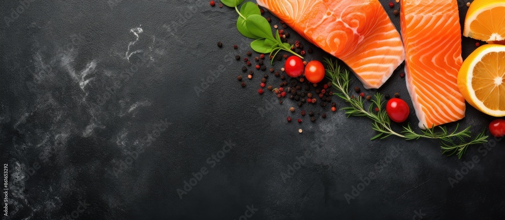 Poster top view of uncooked salmon fillet on black stone table with ingredients for cooking, creating a per
